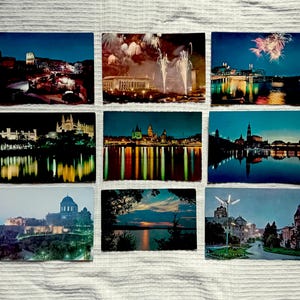 Städte bei Nacht, Set von 9 Farb-Postkarten, Rom, Dresden, Toronto, 1960er, 1970er, 1980er Jahre