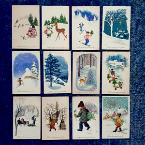 Cartoline di Natale, usate, anni '60, set di 12, cartoline d'artista, vintage, ungheresi