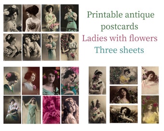 Young Ladies with Flowers. DIGITAL. Antique Postcards. Collage sheets. 1900-1930. Vintage. Download Printable 300 DPI