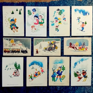 Cartoline di Natale, usate, anni '60-'70, set di 11, cartoline d'artista, vintage, ungheresi