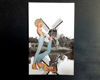 Collage Postkarte, surrealistische Komposition auf einer vintage schwarzweiß Postkarte aus Holland