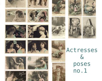 20 Antique DIGITAL Postcards, 5 sheets, Actresses and Poses, ca. 1900-1910. Vintage. Download Printable 300 DPI