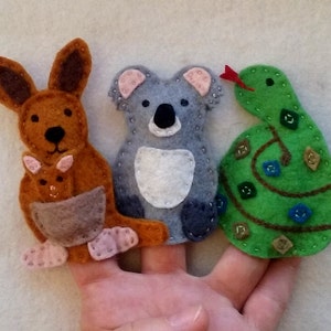 Finger Puppet Australian Animals, Koala, Kangaroo, Snake Puppets, Felt animals, Felt puppets
