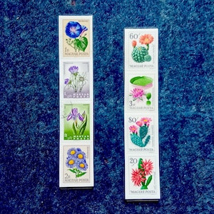 Dos marcapáginas con sellos postales y flores, sellos antiguos húngaros de las décadas de 1960 y 1970, 18 cm