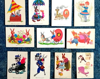 Easter Artist Postcards, Vintage, Used 1960s-80s, Set of 11, Vintage, Hungarian