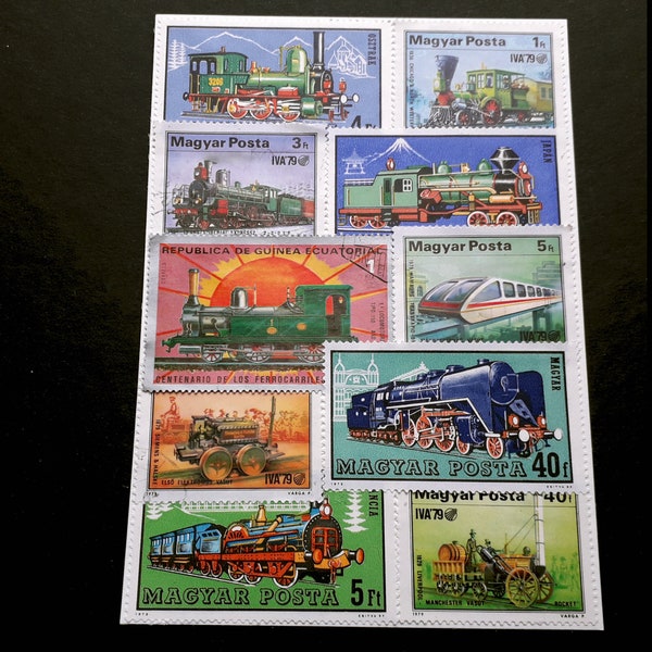 Carte postale, Locomotives, Collage de timbres-poste, ORIGINAL, UNIQUE, Taille carte postale, timbres vintage env. 1950-1980