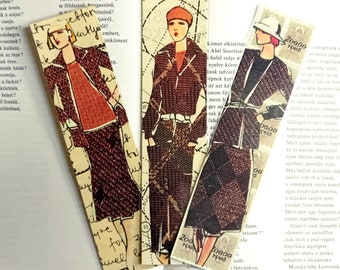 Three Bookmarks, Collages, Vintage fashion magazines of the 1960s, Brown robe, woman's suit. Laminated