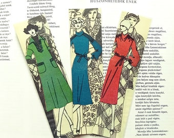 Three Bookmarks, Collages, Vintage fashion magazines of the 1960s, Blue, green and red robes. Laminated