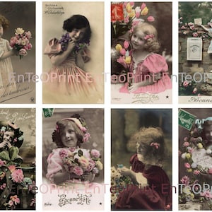 Meninas com flores. Cartões postais antigos DIGITAIS. Folha de colagem. 1900-1920. Vintage. Paris. França. Baixe para impressão em 300 DPI