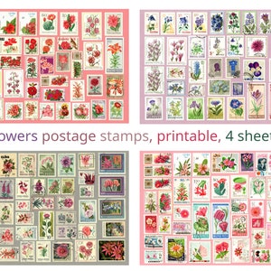 Flores, Sellos postales DIGITALES. Rosa, morado, azul, rojo. Vendimia, ca. 1950-1980. Descarga instantánea, imprimible 300 DPI