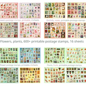 Sellos postales DIGITAL botánicos. Enorme colección. Flores, plantas, 12 hojas. Antiguo y Vintage. Descargar imprimible 300 DPI