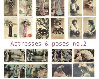 Actresses and Poses. 20 Antique DIGITAL Postcards (no.2), 5 sheets, ca. 1900-1910. Vintage. Download Printable 300 DPI