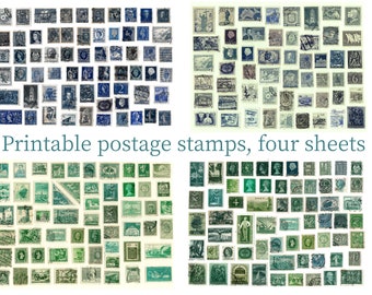 Postage stamps. DIGITAL. Blue, green, 200+ pieces. Antique and Vintage. Ca. 1900-1960. Download Printable 300 DPI