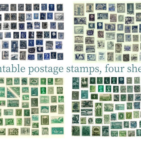 Postage stamps. DIGITAL. Blue, green, 200+ pieces. Antique and Vintage. Ca. 1900-1960. Download Printable 300 DPI
