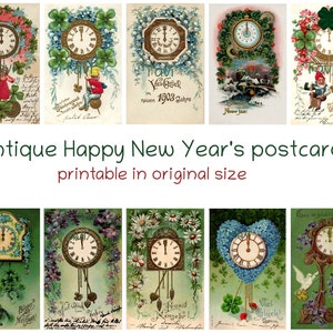 Vykort med klockor och gott nytt år. DIGITALA antika vykort. Originalstorlek. 1900-1930. Tre ark. Ladda ner, utskrivbar, 300 dpi.