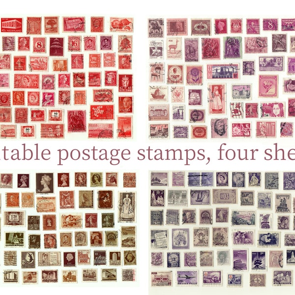 Postage stamps 200+, DIGITAL. Red, pink, purple, brown. Antique and Vintage. Ca. 1900-1960. Download Printable 300 DPI