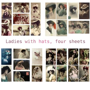 Chapeaux. Cartes postales NUMÉRIQUES anciennes et feuille de collage. Jeunes femmes portant des chapeaux et des voiles extravagants. Téléchargement imprimable 300 ppp