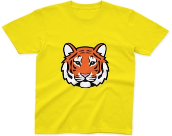 Kinder Tiger T-Shirt | 100% Baumwolle | Rosa, Blau, Gelb und Grau