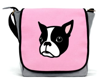Girls Boston Terrier Bag | Waterproof Canvas  | Cross Body Strap | Zip Fastening