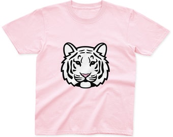 Kinder Weißes Tiger T-Shirt | 100% Baumwolle | Rosa, Blau, Gelb und Grau