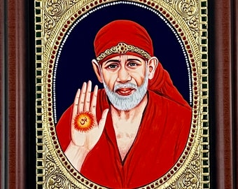 Shirdi Sai baba gift Tanjore painting with hardwood frame Sai baba puja room painting hindu divine gifts