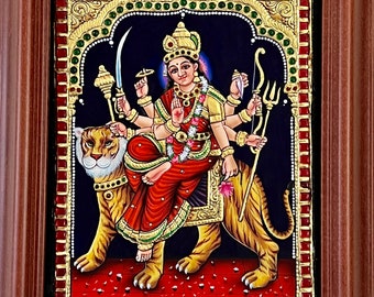 Divine Durga Devi Tanjore painting Durga devi Art puja room decor 10.5x12.5” with frame