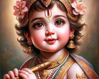 Piękny Baby Krishna z fletem do wydrukowania na ścianie Boski Hare Krishna plakat ścienny duchowy prezent wystrój domu