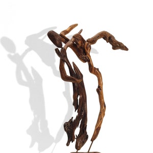 May include: A wooden sculpture crafted from driftwood, showcasing a twisted, abstract form in natural brown and dark brown hues. The sculpture is mounted on a black base.