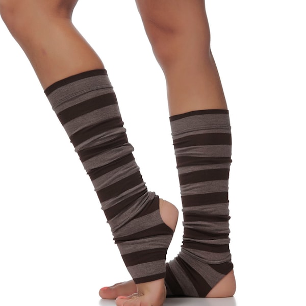 ALINAMALINA Brązowo-szare melanżowe ocieplacze na nogi do jogi - skarpetki w paski do tańca i jogi - akcesoria do jogi i tańca