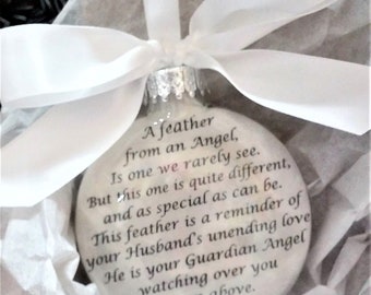 In Memory of HUSBAND Memorial Ornament w/ Angel Wing Charm "A Feather From a Guardian Angel" Sympathy Gift for Widow Loss of spouse Heaven