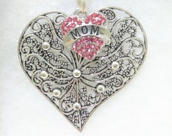 Flat Metal Heart Pink Rhinestone Mom Memorial Christmas Ornament Sympathy Gift Loss of Parent Memory of Loved One Keepsake In Remembrance