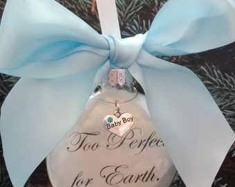 Baby Boy Memorial Christmas Ornament Too Perfect for Earth Feather Sympathy Gift Bereavement Keepsake Christmas In Memory Bauble Infant Loss