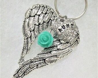 Memorial Keychain Angel Wings Clear Aunt Rhinestone Heart Teal Rose Sympathy Gift Loss of Auntie Keepsake Remembrance In Memory of Loved One