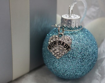 Baby Memorial Ornament: Aqua Glitter Ball with Angel Wings