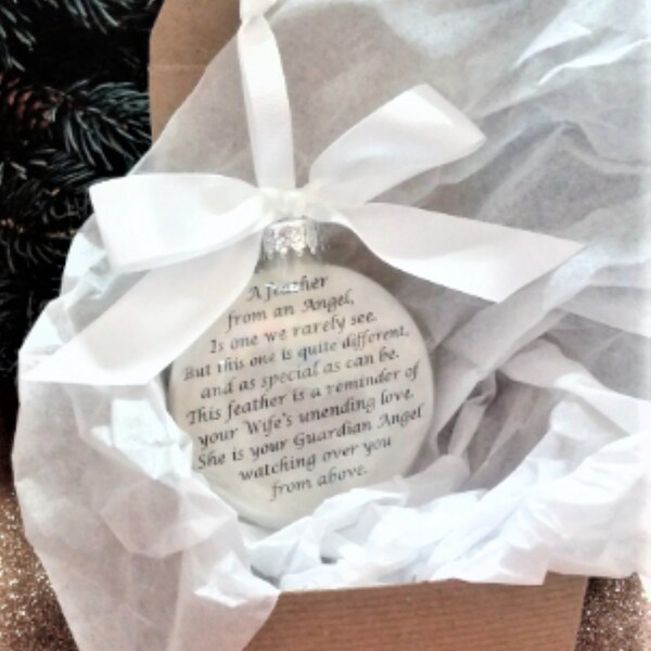 WIFE Memorial Keepsake Christmas Ornament with Charm Feather From a Guardian Angel Sympathy Widower Bereavement Gift Personalized In Memory