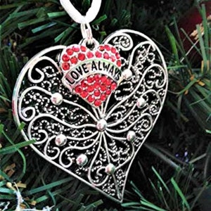 Red Rhinestone Love Always Flat Metal Heart Memorial Christmas Ornament Sympathy Gift Loss of Soulmate In Memory of Loved One Keepsake