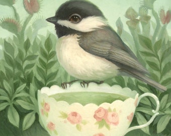 Chickadee with Tea Cup - 5x7 Giclee Print