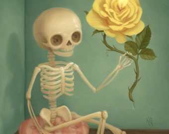 Skeleton with Yellow Rose - 5x7 Giclee Print