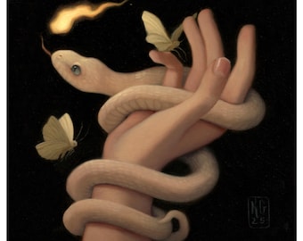 May include: An artistic illustration on a black background features a white snake coiled around a hand. Two moths and a flame are also present. The snake's tongue extends towards the flame. The artwork has a surreal and symbolic theme.