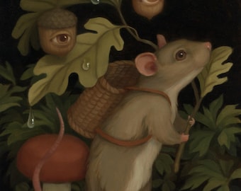 Mouse gathering Acorns - 5x7 Giclee Print