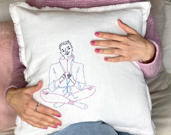 Hand Embroidered cushion cover in white, blue and pink