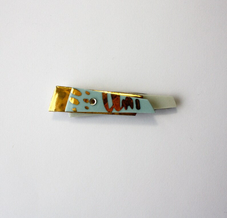 Brooch Porcelain mobile, white, gold, light blue image 7