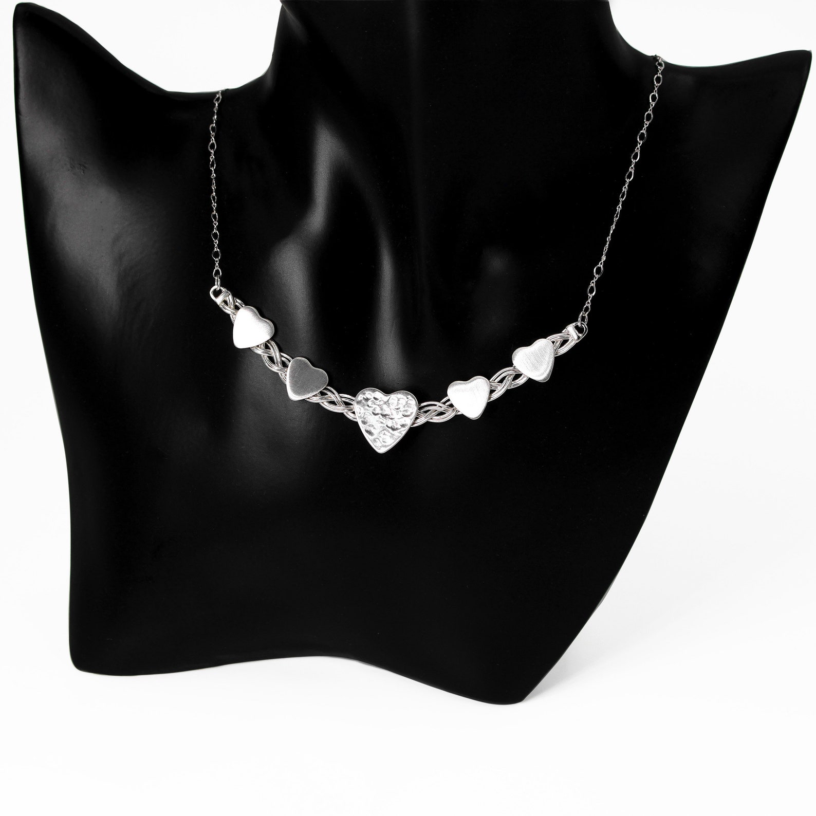 Silver Hearts Necklace, Five Hearts Pendant, Woven Necklace