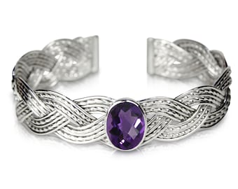 Silver Cuff Bracelet, Woven Silver Bracelet, Amethyst Bracelet, Celtic Bracelet, Woven Cuff, February Birthday Gift, Gift for Her