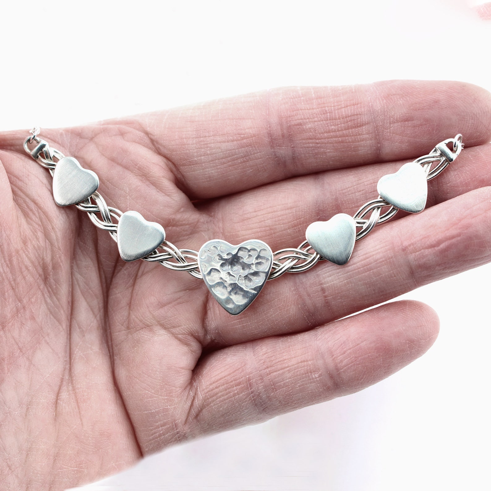 Silver Hearts Necklace, Five Hearts Pendant, Woven Necklace