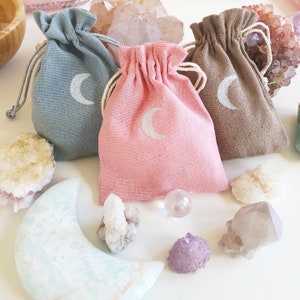 Sac cadeau pochette en lin lune céleste peint à la main pour cristaux, cadeau de mariage pour mariage, sac en coton pour cristaux, sac cadeau de demoiselle d'honneur