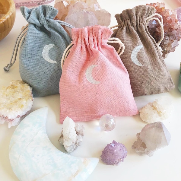 Hand Painted Celestial Moon Linen Pouch Gift Bag for Crystals Wedding favor Tarot drawstring, Cotton bag for crystals, bridesmaid gift bag