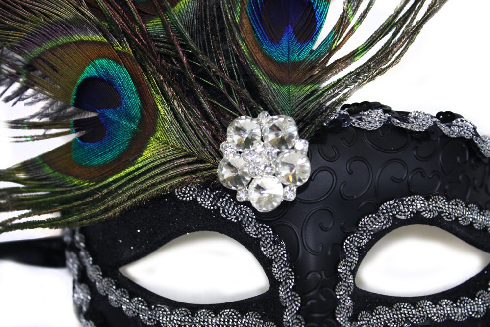 Zoey Peacock Feather Black and Silver Masquerade Ball Mask - A-2352-R