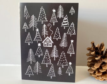 Log cabin in the woods Christmas card A6 by Juliet Thomas Doodles