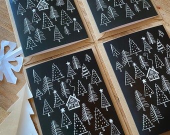 Pack of 4 log cabin in the woods, A6 Christmas card by Juliet Thomas doodles